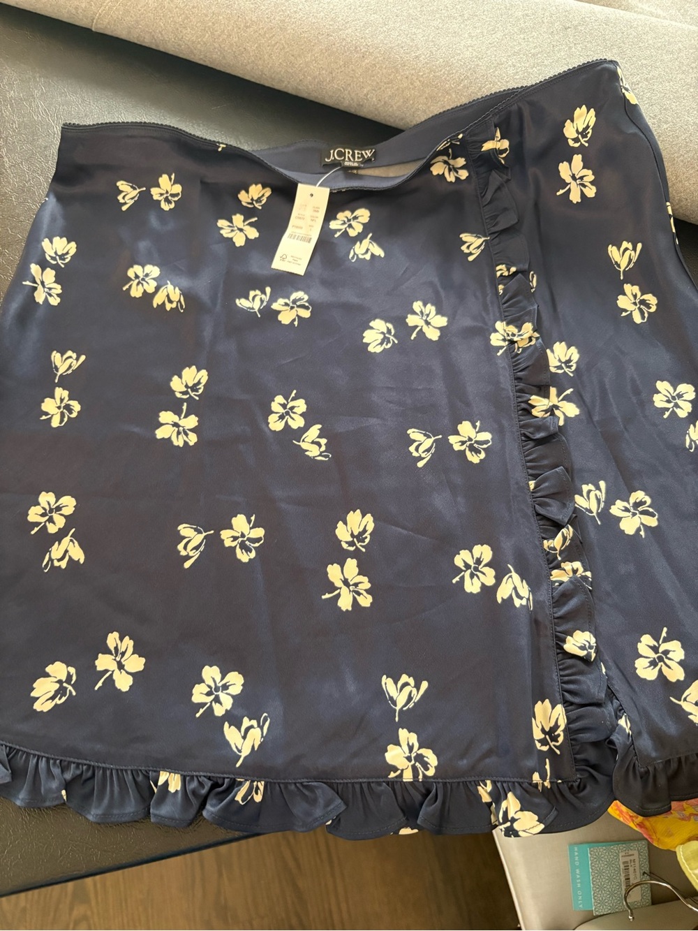 J. Crew Navy Mini Skirt with off white Floral Print and Ruffle Edge, NWT